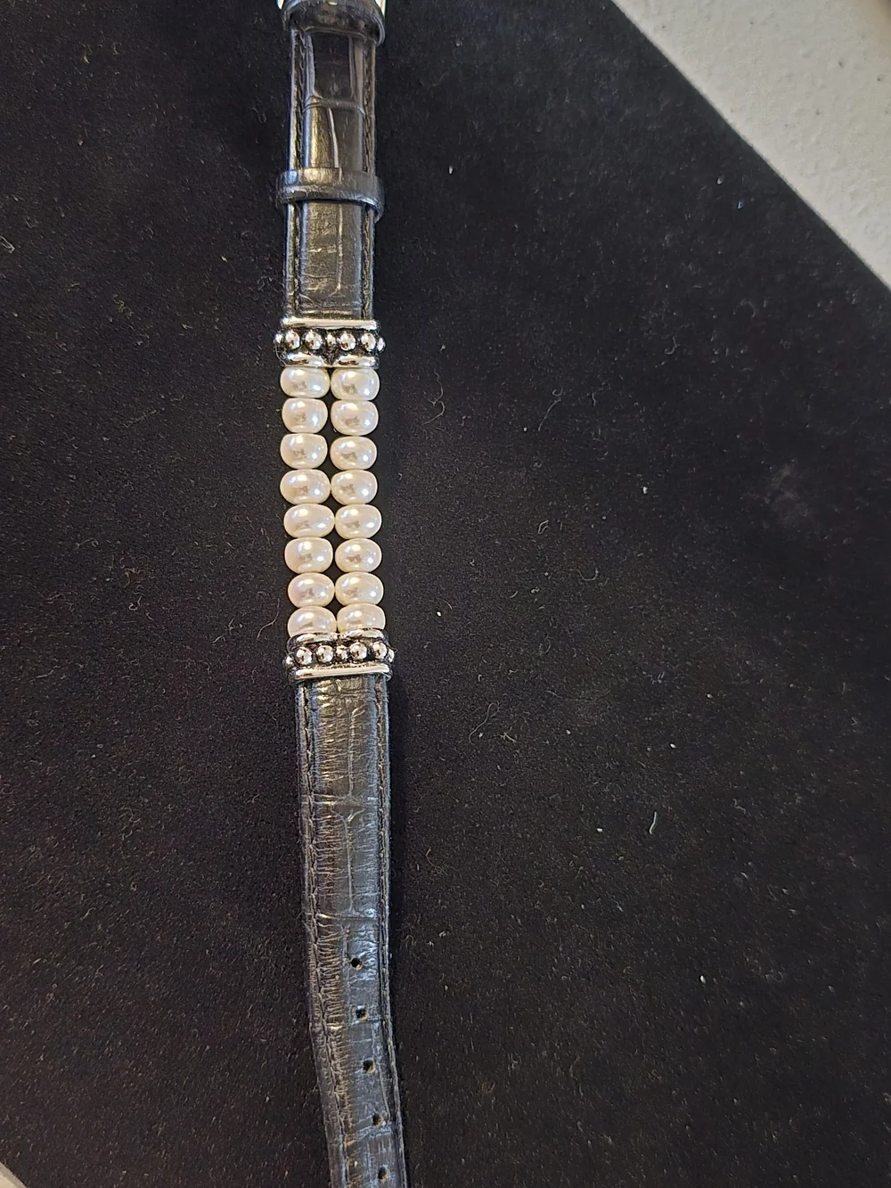 Honora White Pearl & Black Leather Bracelet with Silver Accents